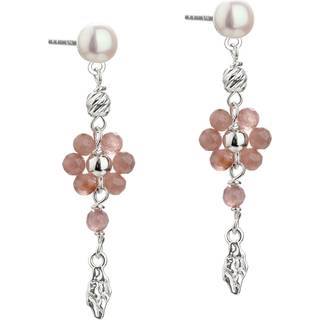 DAISY ROSE,Ørestikker i sterling sølv med rosa sunstone blomster, rosa perler & ruflet vedhæng.