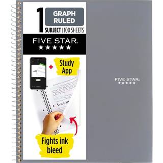 Fem Star Spiral Notebook + Study App 1 Emne Graph Destiled Paper Fights Ink Bleed Water Resistant Cover 8-1/2 """" X 11 """" 100 Sheets Grey (6200000