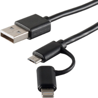 USB-A 2i1 kabel - Micro-B / Lightning - Sort - 1 m