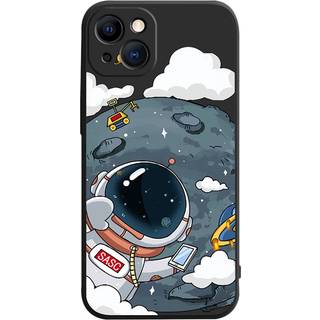 iPhone 14 Plus Fleksibel Bagside Cover af Plastik m. Print - Astronaut På Månen / Sort