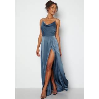 Bubbleroom Occasion Waterfall High Slit Satin Gown Blue 40