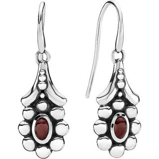 Lund Copenhagen ørehænger i oxyderet sølv med blomster og rød granat