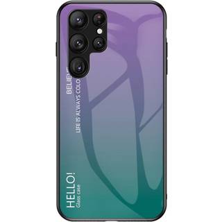 Samsung Galaxy S23 Ultra Cover m. Glas Bagside - Hello - Lilla / Grøn