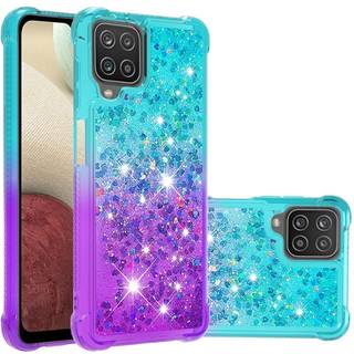 SKALO Samsung A12 Kvicksand Glitter Hjerter TPU Cover - Turkis-Lilla