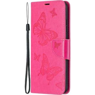 Nokia 1.4 Imiteret Læder Flip Cover m. Pung & Strop - Sommerfugl - Lyserød