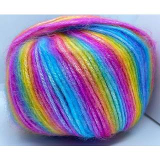 Isgarn Picasso Rainbow: Bl? lilla gr?n gul orange lyser?d fuzzy med subtil glans garn polyester akrylblanding 50 gram 125 meter