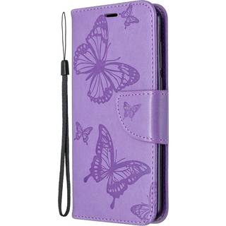Huawei Y5p Læder Cover m. Kortholder - Lilla Sommerfugl