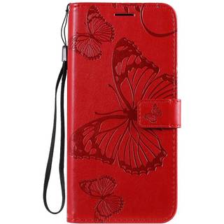 Samsung Galaxy A20s Læder Cover m. Kortholder Sommerfugl - Rød