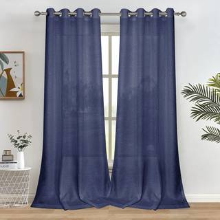 Melodieux Navy Semi Sheer Curtains 84 tommer lange til stue Sovev?relse Flax Linen Grommet Voile Drapes 52 x 84 tommer (2 paneler)