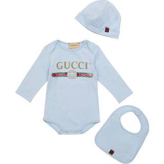 Gucci Kids Baby logo cotton bodysuit, hat and bib set - blue - M 0-3