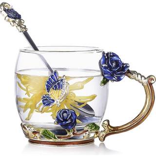 Luka Tech Enamels Butterfly Flower Lead-Free Glass Coffee Mugs Tea Cup with Steel Spoon Personliga gåvor till kvinnor fru Mamma vänner födelsedag
