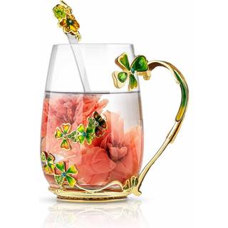 Luka Tech Four-Leaf Clover Flower Glass Coffee krus Tea Cup med ske unikke gaver til kvinder kone mor venner fødselsdag mødre valentines dag jul