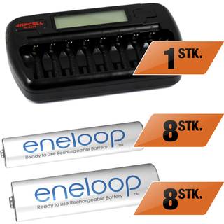 Japcell BC-800S oplader + 8 stk. eneloop AA og  8 stk. AAA genopladelige batterier (2100 cycles)