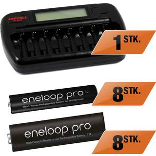 Japcell BC-800S oplader + 8 stk. AA og 8 Stk. AAA eneloop Pro genopladelige batterier (500 cycles)