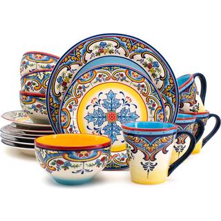 Euro Ceramica Zanzibar Collection 16 stykker middagss?t k?kken og spisestue til 4 spanske blomsterdesign flerfarvet bl? og gul