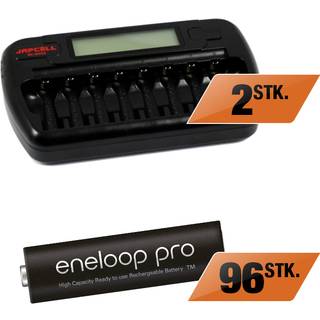 Japcell BC-800S oplader 2 stk.  + 96 stk. eneloop Pro AA LR06 genopladelige batterier (500 cycles)