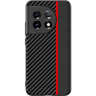 One Plus 11 Carbon Fiber Læderbetrukket Cover - Sort / Rød