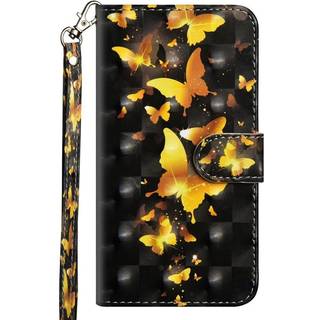 Huawei P40 Lite E Light Spot Læder Cover m. Pung & Strop - Guld Sommerfugle