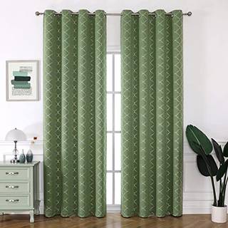 Enactex 100% fuld m?rkl?gningsgardiner 63 tommer l?ngde termisk isoleret gr?nt gardin med geometrisk metallisk s?lv m?nster lysblokerende tylle v