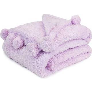 Pavilia lavendel lilla lilla sherpa kast t?ppe med bl?d pom pom frynse plys hyggelige varme t?pper til sofa seng sofa fuzzy fleece kast med pompo