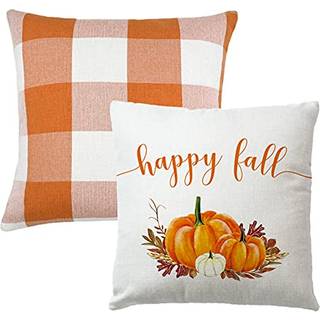 7Colorroom S?t med 2 orange og hvid b?ffelcheck plaid kast pude d?kker bondeg?rdsindretning Happy Fall Harvest Pumpkin Pude Cover Thanksgiving Au