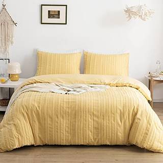 WarmDern Yellow Boho Duvet Cover Set Queen Størrelse Stribet tekstureret dyneovertræk tuftet sengetøj sæt 3 stk ultra blød vasket mikrofiber dyne