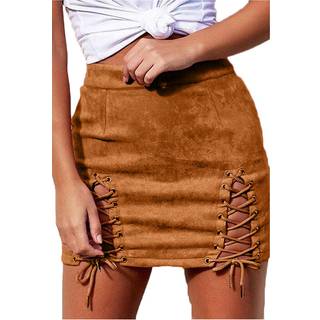 Meyeeka Women Solid Criss Cross Fuax Suede Hollow Out Stretch Mini Nederdel Khaki S