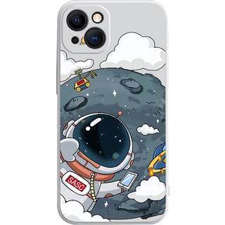 iPhone 14 Plus Fleksibel Bagside Cover af Plastik m. Print - Astronaut På Månen / Hvid