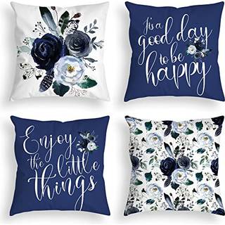 Navy Blue Throw Pillow d?kker 20x20 tommer blomsterroser Blomsterhvide gr? puder Dekorative kastepuder Moderne citat Spring Velvet Pushion Sid S?