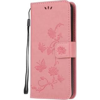Huawei P Smart (2020) Læder Cover m. Kortholder - Blomster og Sommerfugle Lyserød