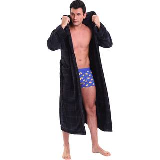 Kemusi Hooded Herringbone Herre m?rkegr? bl?d spa Lang badek?be med bl? strip Comfy fuld l?ngde Varm Nightdress (XL)