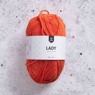 Järbo Lady 13 Orange Indhold: 100% akryl Vægt/længde: 50 g = ca. 125 meter Anbefalede pinde:4 mm Strikkefasthed: 10 x 10 cm = 21 m x 28 p Vask:Maskinvask 40ºC.