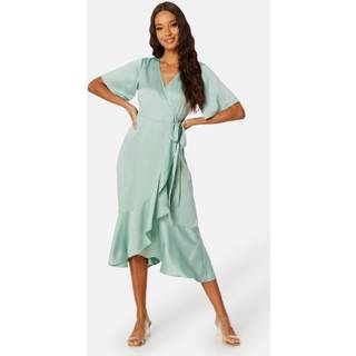 Frill Wrap Satin Midi Dress
