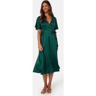 Butterfly Sleeve Wrap Satin Midi Dress