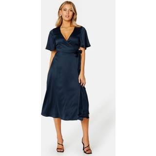 Butterfly Sleeve Wrap Satin Midi Dress
