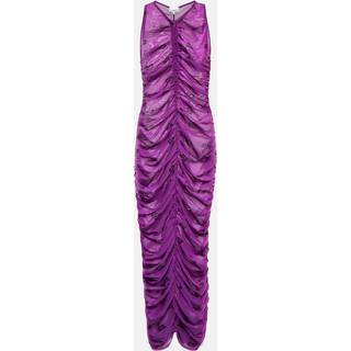 Ganni Printed ruched mesh midi dress - purple - XXS