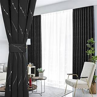 Buhua Black Blackout -gardiner til stue gardiner 63 tommer lange - Grommet m?nster gardiner med b?lgeprikker og linje (38 x 63 tommer sorte 2 pan