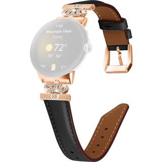 Google Pixel Watch 1 / 2 / 3 Læder Urrem m. Rose Gold Rhinsten Spænde - Sort