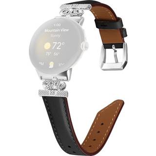 Google Pixel Watch 1 / 2 / 3 Læder Urrem m. Sølv Rhinsten Spænde - Sort