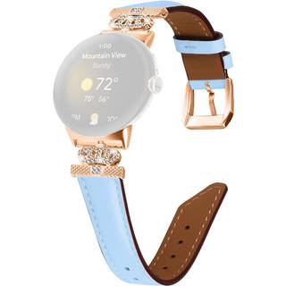 Google Pixel Watch 1 / 2 / 3 Læder Urrem m. Rose Gold Rhinsten Spænde - Blå