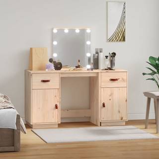 makeupbordssæt med LED-lys massivt fyrretræ