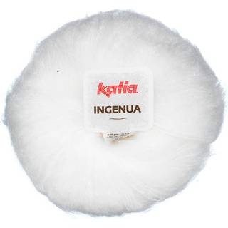 Katia Ingenua 01 Hvid Indhold:78% mohair, 13% polyamid, 9% merinould Vægt/længde:50 g = 140 meter Anbefalede pinde:5-5.5mm Strikkefasthed:10 cm x 10 cm = 16 m x 20 r Vask:Finvask 30º / Tåler ikke tørretumbling.