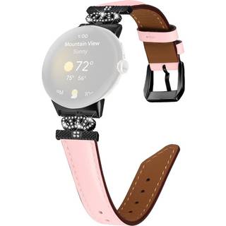 Google Pixel Watch 1 / 2 / 3 Læder Urrem m. Sort Rhinsten Spænde - Lyserød