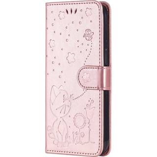iPhone 15 Pro Læder Flip Cover m. Pung & Strop - Kat Indgravering - Rose Gold