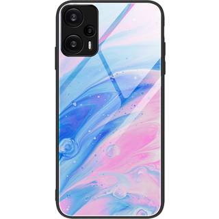 Xiaomi Poco F5 Plastik Cover m. Glasbagside - Blå og Lyserød Marmor