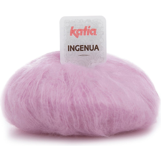 Katia Ingenua 28 Mauve Indhold:78% mohair, 13% polyamid, 9% merinould Vægt/længde:50 g = 140 meter Anbefalede pinde:5-5.5mm Strikkefasthed:10 cm x 10 cm = 16 m x 20 r Vask:Finvask 30º / Tåler ikke tørretumbling.