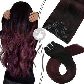 Moresoo Clip in Hair Extensions Burgundy Balayage Hair Extensions Clip Ins Ombre Natural Black to Deep Red Wine Natural Hum