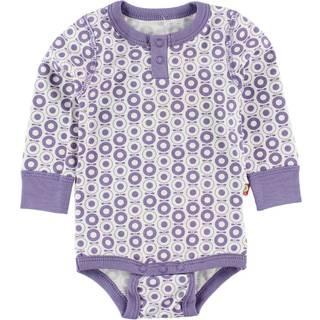 Langærmet body med lilla miniæbler