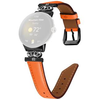 Google Pixel Watch 1 / 2 / 3 Læder Urrem m. Sort Rhinsten Spænde - Orange