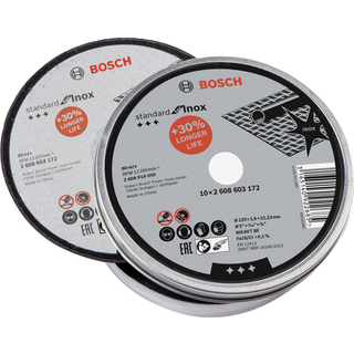 BOSCH Sæt med 10 skæreskiver, Standard for Inox, I metalkasse 125x1.6